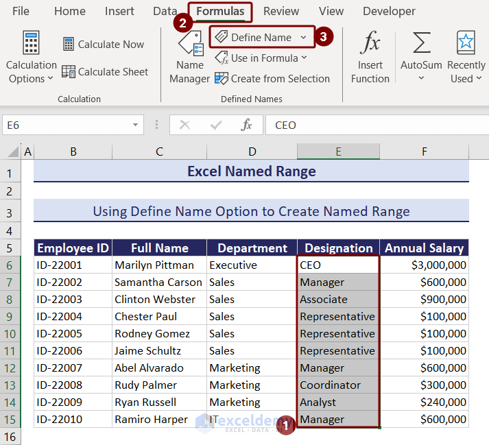 Selecting Define Names Option from Formulas Tab