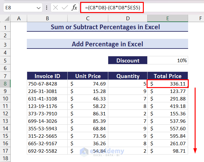 Sum or Subtract Percentages in Excel - Subtract Discount Percentage