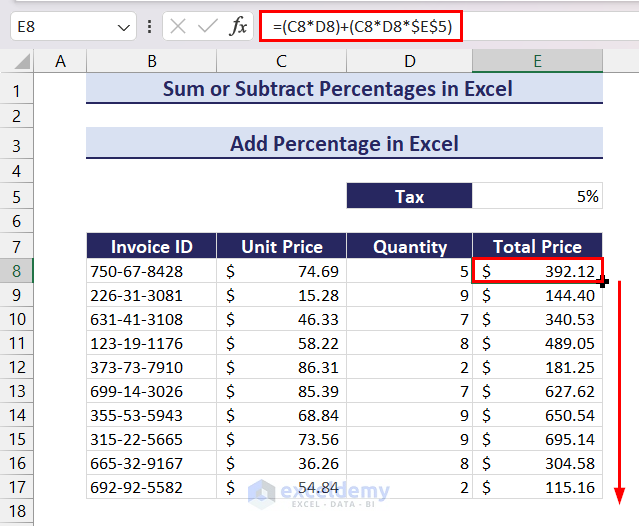 Sum or Subtract Percentages in Excel - Sum Tax Percentage