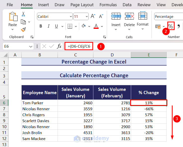 calculating percentage change in excel