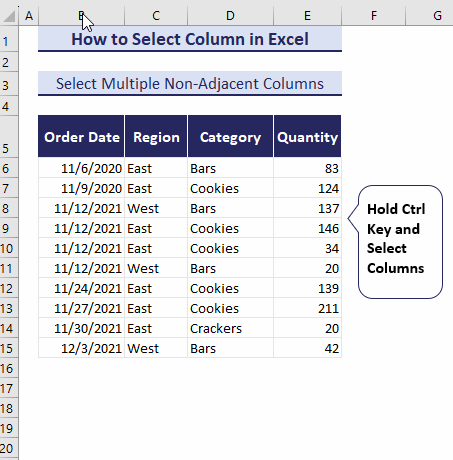 select non adjacent columns using ctrl