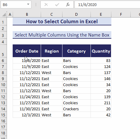 select single column using name box