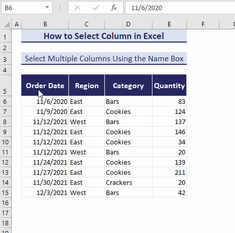 select multiple non adjacent columns in excel using name box