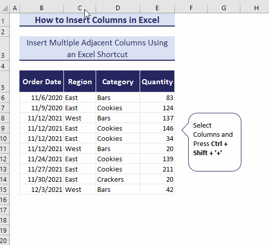 insert columns using keyboard shortcut