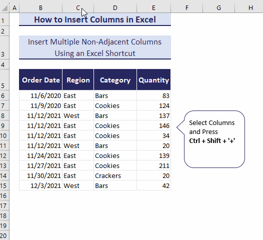 insert non adjacent columns using keyboard shortcut