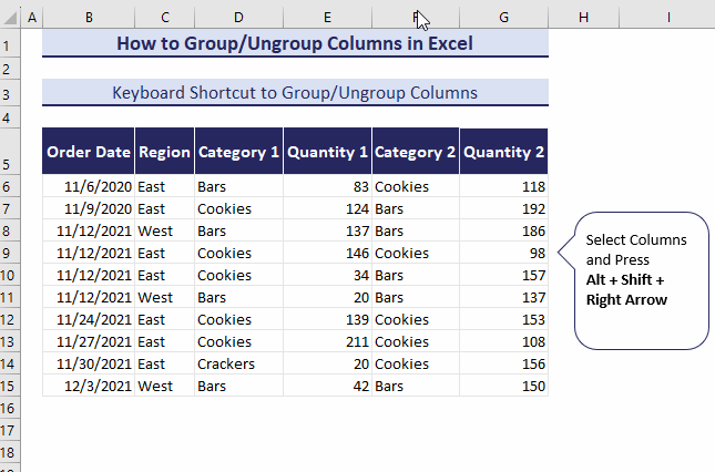 group columns using keyboard shortcut
