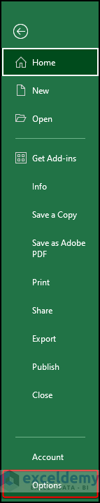 select options from file menu