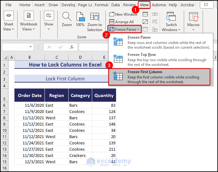 lock first column in excel