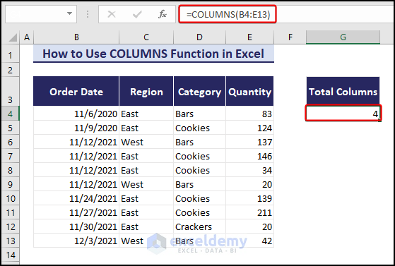 count columns using columns function