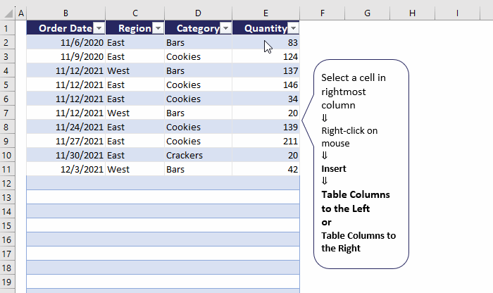 insert column to both left and right in excel table