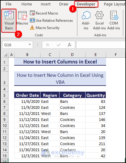select visual basic in developer tab