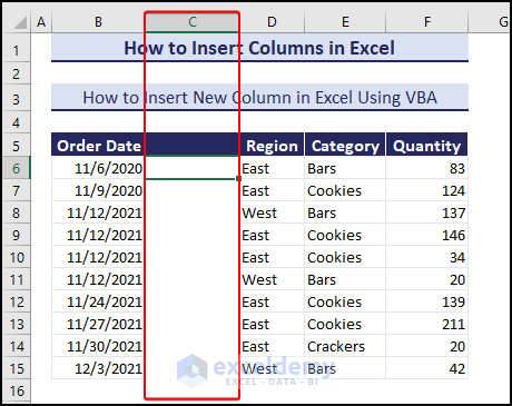 column inserted using vba