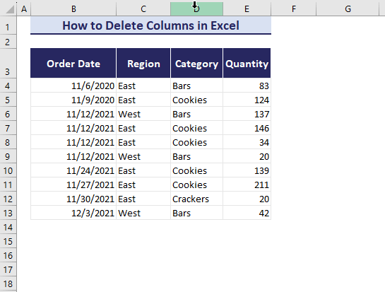 delete column in excel