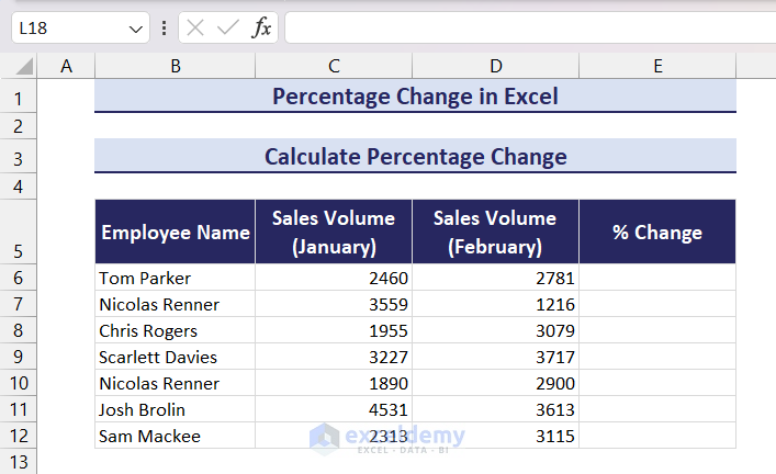 dataset for calculating percentage change in excel