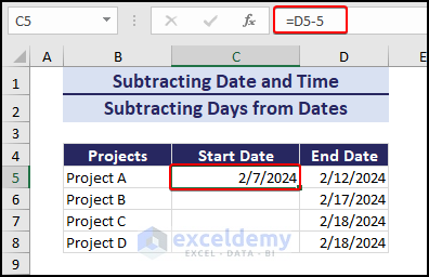 subtract days from date using cell reference
