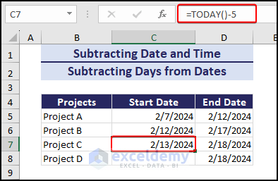 subtract days from date using TODAY function