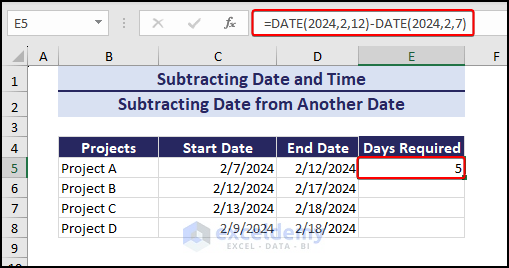 subtract date from another date using DATE function