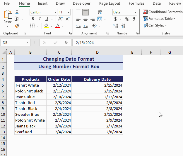 change excel date format from number format box