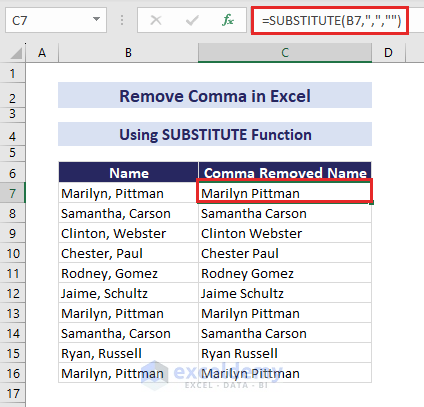substitute function to remove comma from names