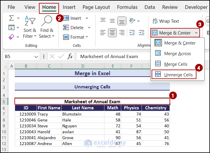 unmerging cells in Excel