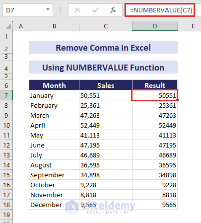 using numbervalue function to remove comma in excel