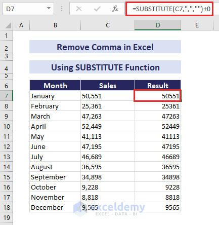 using substitute function to remove comma from numbers