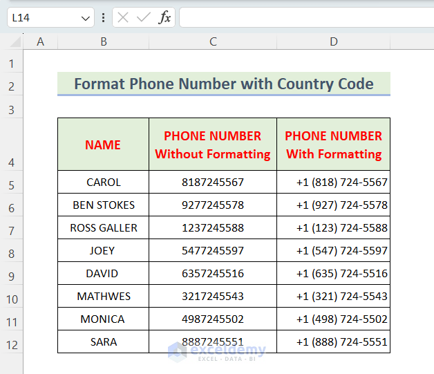 Overview Image of Formatting Phone Number with Country Code in Excel