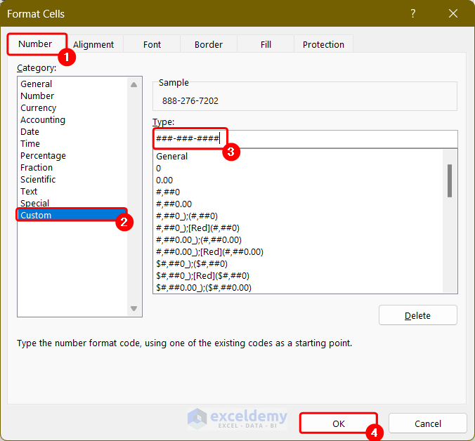 Selecting Custom Category in the Format Cell Dialog Box