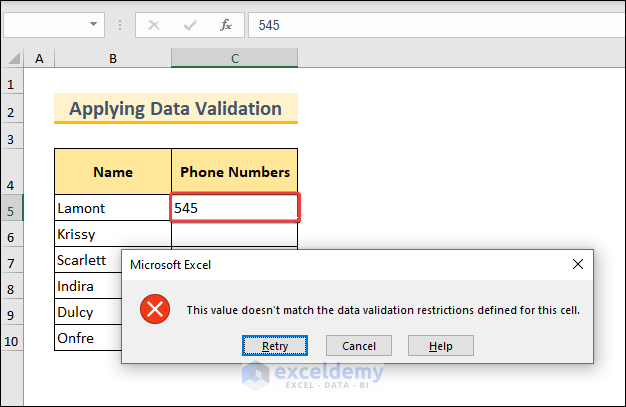 Data Validation Error Message