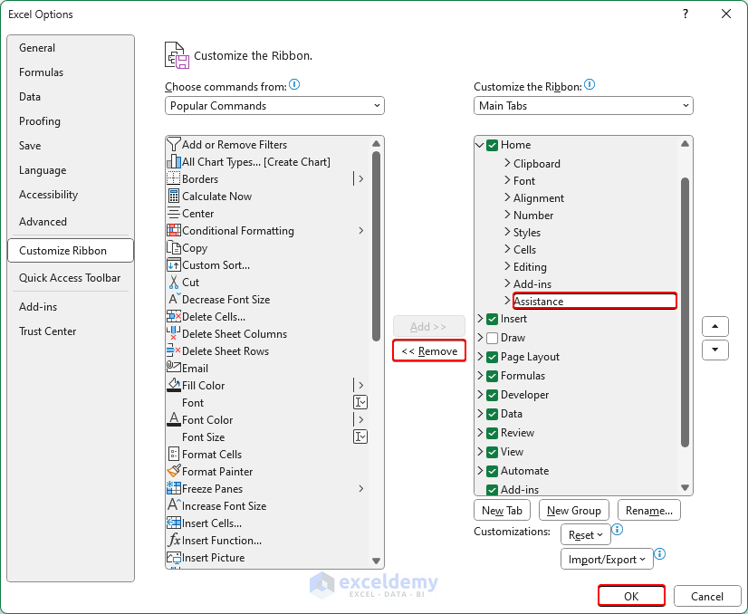 removing groups from the home tab