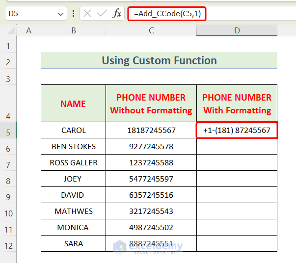Using the Custom Function to get the Formatted Phone Number with Country Code