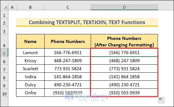 Changing Formatting of Phone Numbers by using TEXTSPLIT, TEXTJOIN, TEXT Functions