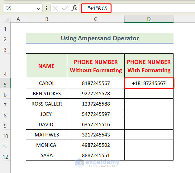 Using Ampersand Operator to Format Phone Numbers with Country Code