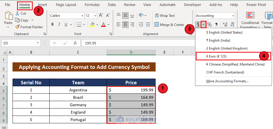 Accounting Number Format drop-down