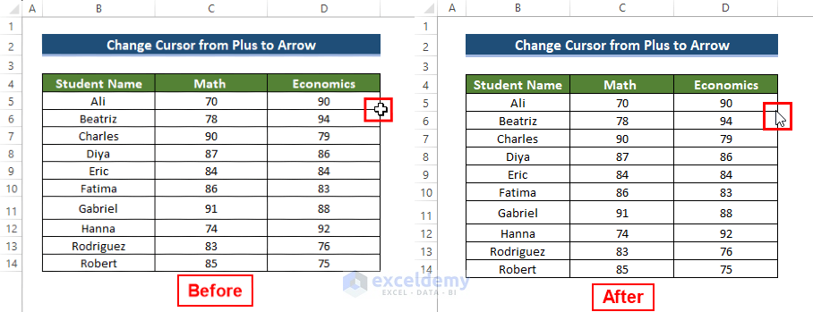 Before and after how to change the cursor from plus to arrow in Excel