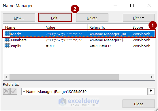 Selecting the Edit button from the Name Manager dialog box