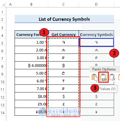Custom List of currency symbols