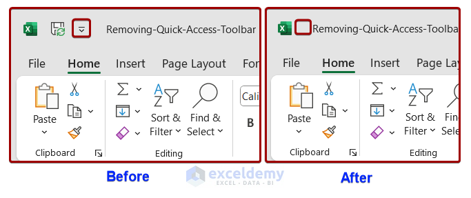 Remove Quick Access Toolbar in Excel