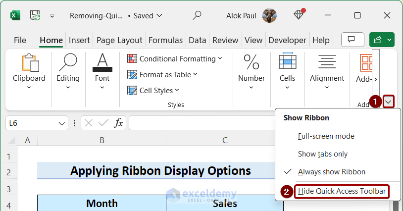 Remove Quick Access Toolbar from Ribbon Display Options