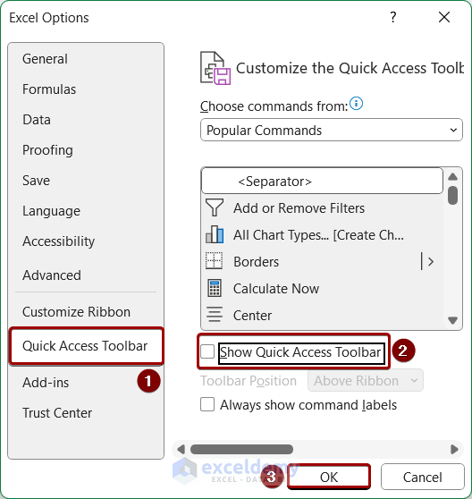 Uncheck Quick Access Toolbar from Excel Options