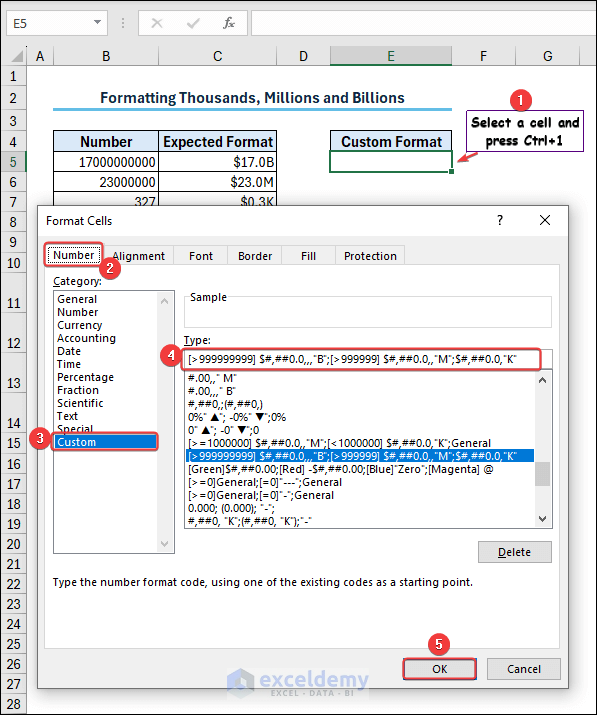 Select a cell, apply the given formatting code to Format Thousands, Millions and Billions