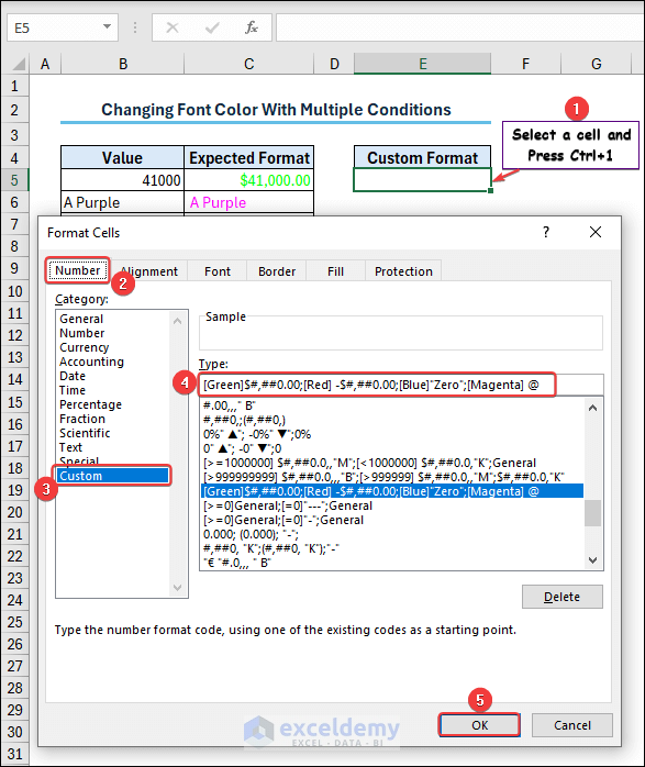 Select a cell, apply the given formatting code to change font color