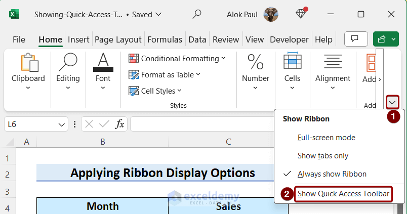 Use of Ribbon Display Options to show Quick Access Toolbar
