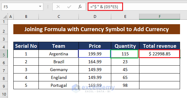 using formula and currency symbol