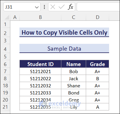 a sample Excel data