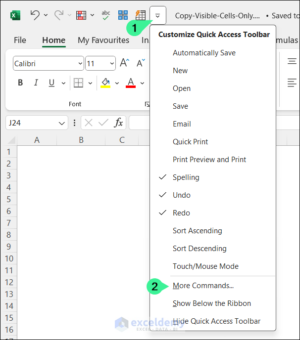 Quick Access Toolbar icon > More Commands