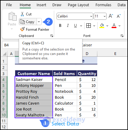 select data for copy in clipboard