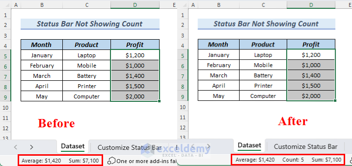 count not showing in excel status bar fixed