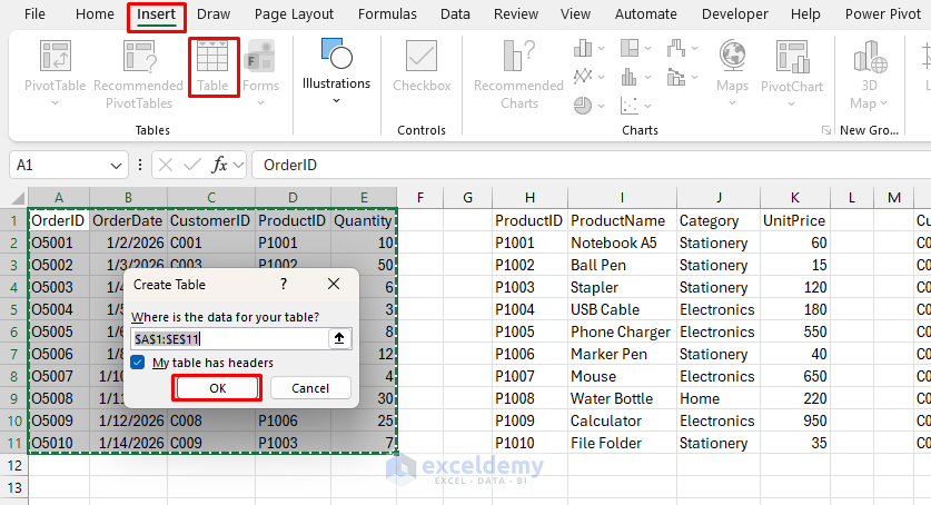 2. How to Create Multiple Tables in the Same Sheet