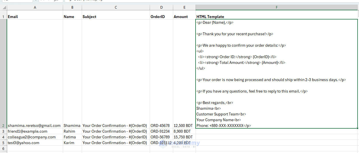 2. Using VBA to Send Personalized Outlook Messages from Spreadsheet Rows
